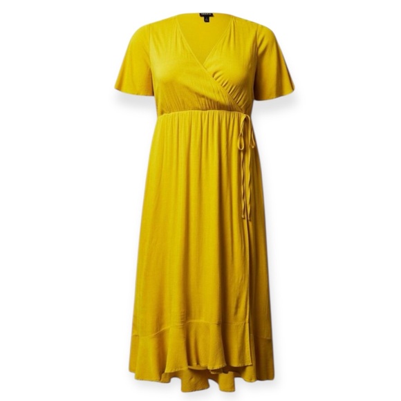 TORRID | Maxi Rayon Slub Surplice Wrap Dress in Golden Yellow - Picture 1 of 3